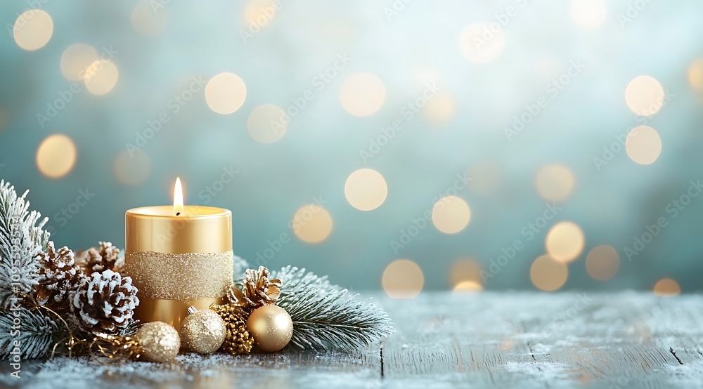 Poster Christmas background with a golden candle and decorations on a wooden table. Golden bokeh lights, with space for text or design. Christmas card template