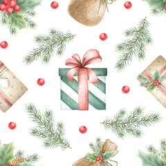 Christmas seamless pattern with gift boxes and sack, bows, spruce branches, holly berries and leaves. Watercolor illustration isolated on white for New Year festive packaging paper, textile, fabric.
