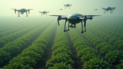 Drones flying over green crops in misty conditions, showcasing advanced agriculture technology. Generative, AI.

