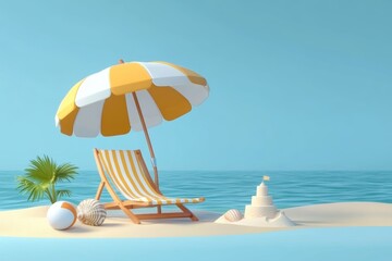 Obraz premium Beach Chair Umbrella Beach Ball Sandcastle Seashell Summer Vacation Travel Scene