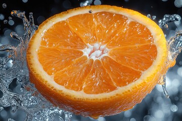 Orange slice with water splash, perfect for refreshing drink or fruit concept. Shows the vibrant color and texture of a fresh, juicy orange.