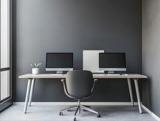 3D rendering of a small office interior design with two desks.