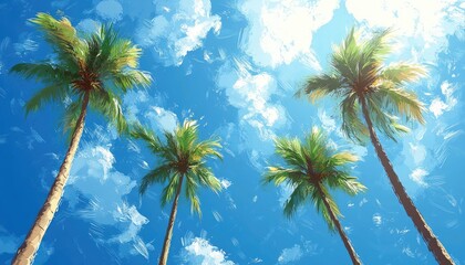 Tropical palm trees reaching for the blue sky. This image is perfect for depicting a vacation, travel, and relaxation.