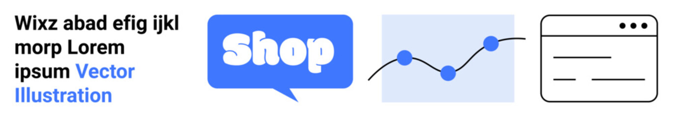 Shopping button in a speech bubble a line graph with data points a simplistic browser window, and placeholder text in blue Ideal for e-commerce websites data analytics web design digital marketing