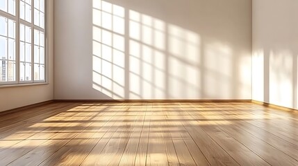 Obraz premium white empty room with shadow window and green plant on white wall luxury background and wooden floor 