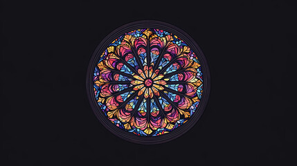 Circular stained glass window, front view, colorful rose window of cathedral, gothic style, isolated on black. Stained Glass Cathedral. Illustration