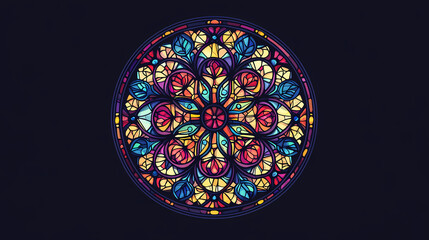 Circular stained glass window, front view, colorful rose window of cathedral, gothic style, isolated on black. Stained Glass Cathedral. Illustration