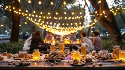 A group of friends enjoy a cozy dinner party outdoors at night, illuminated by string lights and candles.