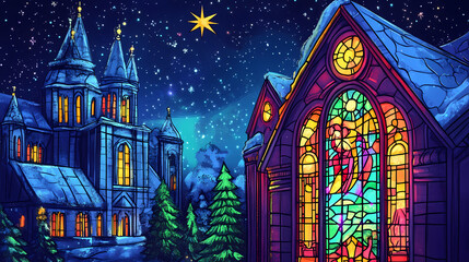 Obraz premium Christmas night in the city, stained glass window in a church, stained glass window in church, christmas, santa claus. Stained Glass Cathedral. Illustration