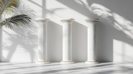 Three White Marble Columns Against Shadowy Wall, Minimalist Aesthetic and Soft Lighting