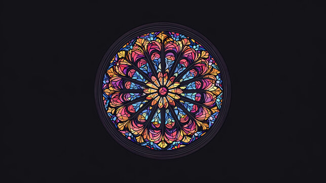 Circular stained glass window, front view, colorful rose window of cathedral, gothic style, isolated on black. Stained Glass Cathedral. Illustration