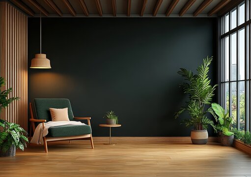 Modern living room design with green armchair and dark walls in luxury apartment interior