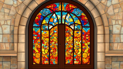 Arched stained glass doors with colorful pattern. Stained Glass Cathedral. Illustration