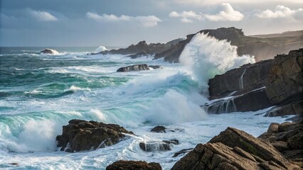 Fototapeta premium Seawater crashes against rocks on a rugged shoreline in a dramatic ocean scene, turbulent water, weather, beach scene, coastline, rocky shore