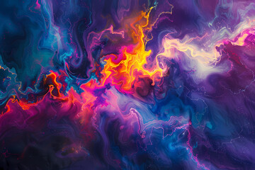 Vibrant abstract artwork featuring swirling hues of purple, blue, orange, and pink, creating a mesmerizing cosmic effect.