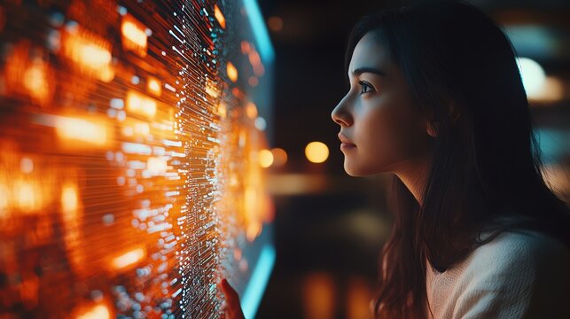 Woman gazing at vibrant city lights at night.