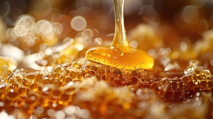 Golden honey dripping onto honeycomb with bokeh background.