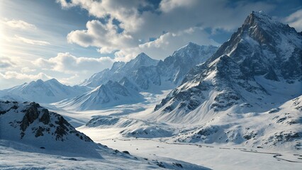 Obraz premium Snow-covered mountains meet the sky, snow-capped peaks, serene lake, snowfall