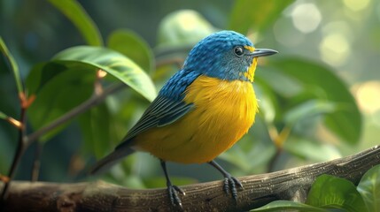 A small blue and yellow bird perched on a branch in a green forest.