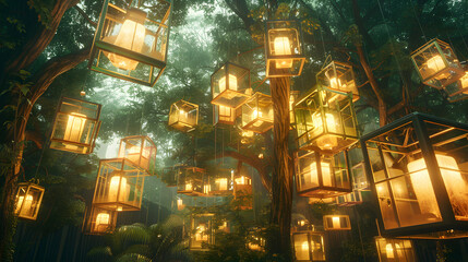 Fototapeta premium A serene forest illuminated by hanging lanterns, creating a magical atmosphere.