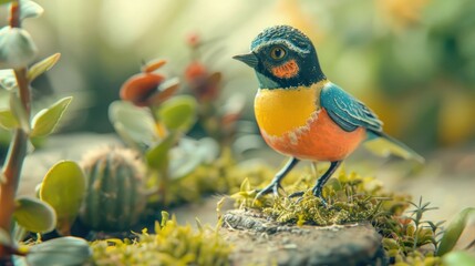 Colorful bird figurine perched on a rock surrounded by lush greenery.