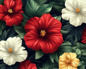 Colorful tropical flowers with green leaves. Perfect for designs featuring summer, nature, or flora.