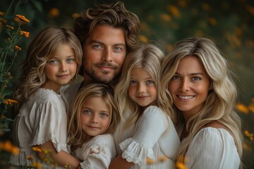 I'll provide a title and keywords based on the general concept of a family portrait in a natural setting:.. Heartwarming Family Portrait in a Sunlit Meadow with Children