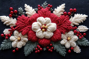 Knitted flower arrangement with red berries. A beautiful and festive image of a knitted flower arrangement, perfect for holiday or craft projects.