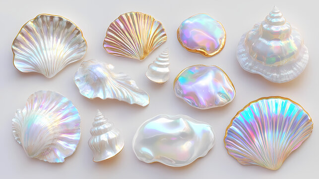 Iridescent white opal and pearl shell with gold accents. Iridescent Pearl Shells. Illustration