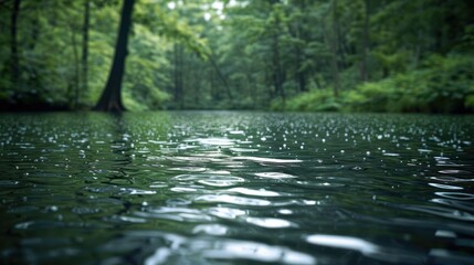 Fototapeta premium Raindrops falling on a calm river in a lush green forest.