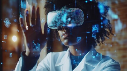 A woman wearing a VR headset, interacting with digital data, exploring the metaverse.