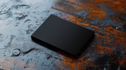 A sleek, black card rests on a dark, textured surface. The contrast between the matte card and the rustic background creates a striking image, perfect for showcasing branding or design.