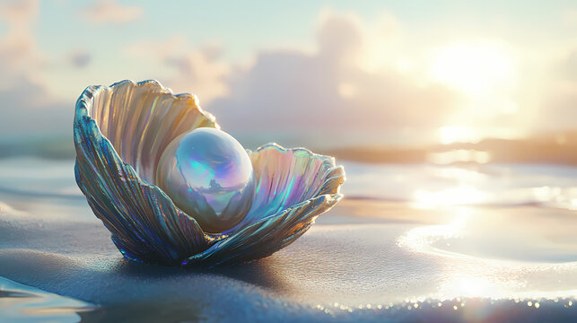 A shimmering pearl nestled within an iridescent seashell on a sunlit shore. generative ai. Iridescent Pearl Shells. Illustration