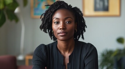 A young Black woman with dreadlocks looks directly at the camera with a serious expression. She is wearing a black sweater and hoop earrings.