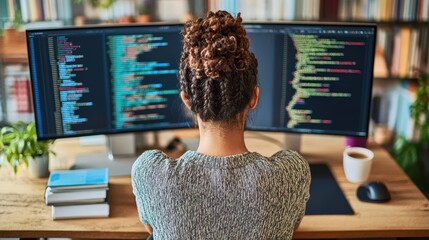 Young woman coding at a dual monitor setup in a modern workspace surrounded by books, showcasing programming languages and creative process in action