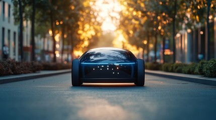 Fototapeta premium Futuristic Blue Self-Driving Car on a Minimalist City Street, Lit by Golden Hour Sunlight