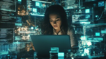 Focused Female Working on Laptop Surrounded by Digital Data and Graphical Elements in a High-Tech Environment Representing Innovation and Technology