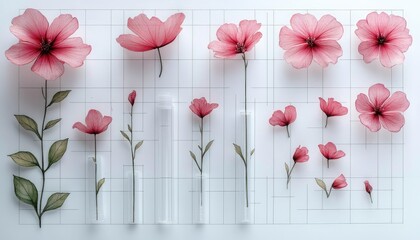 Pressed flowers arranged in glass tubes. This photo shows different stages of flower pressing for art and craft projects.