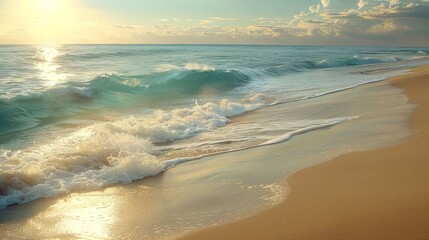 Tranquil beach scene with waves gently breaking on golden sand at sunset.