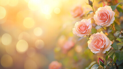 Beautiful pink roses in a sunlit garden for Valentine's Day celebration