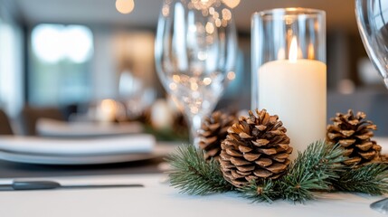 A beautifully set dining table features a festive decor with a lit candle surrounded by pine cones and evergreen branches, creating a warm and cozy atmosphere.