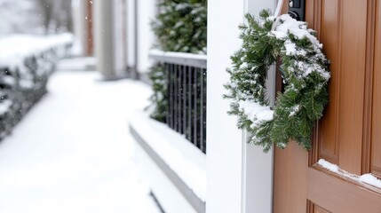 A tastefully crafted wreath adorned with snow graces the front door, offering an elegant touch to the scene. The snow-covered background enhances its charm.