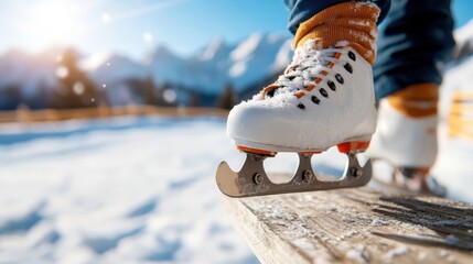 White ice skate adorned with orange laces rests on a rough wooden surface against a stunning backdrop of snow-covered mountains and a bright winter sky.
