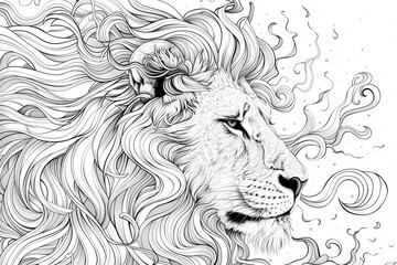 Obraz premium Intricate black and white illustration of a lion's head, featuring flowing hair-like lines that create a sense of movement and intensity.