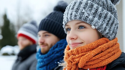 A trio of friends dressed in warm winter hats and scarves enjoys the crisp, snowy weather, embodying warmth, friendship, and the beauty of the cold season.