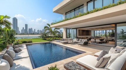 Fototapeta premium Modern Villa with a Pool and City Skyline View