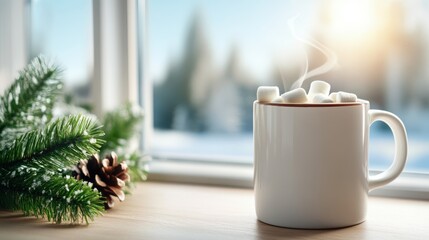 A cozy mug of hot chocolate topped with marshmallows sits beside evergreen branches and pinecones, capturing the serene essence of a winter morning.