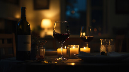 Romantic evening dinner with wine and candles for Valentine's Day celebration