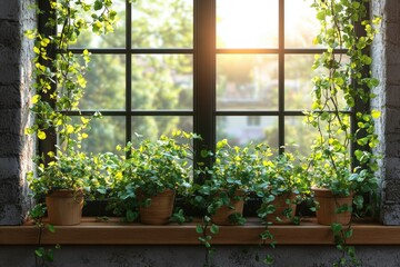 Fototapeta premium Potted plants on a windowsill, with greenery. Perfect for home decor, lifestyle, and nature-themed projects.