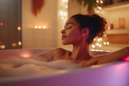 Relaxed woman enjoying a luxurious bath with bubbles and soft lighting.